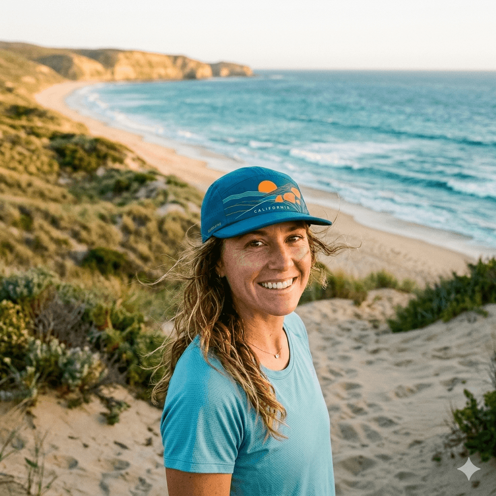 Woman at the California coast wearing a Caspones cap