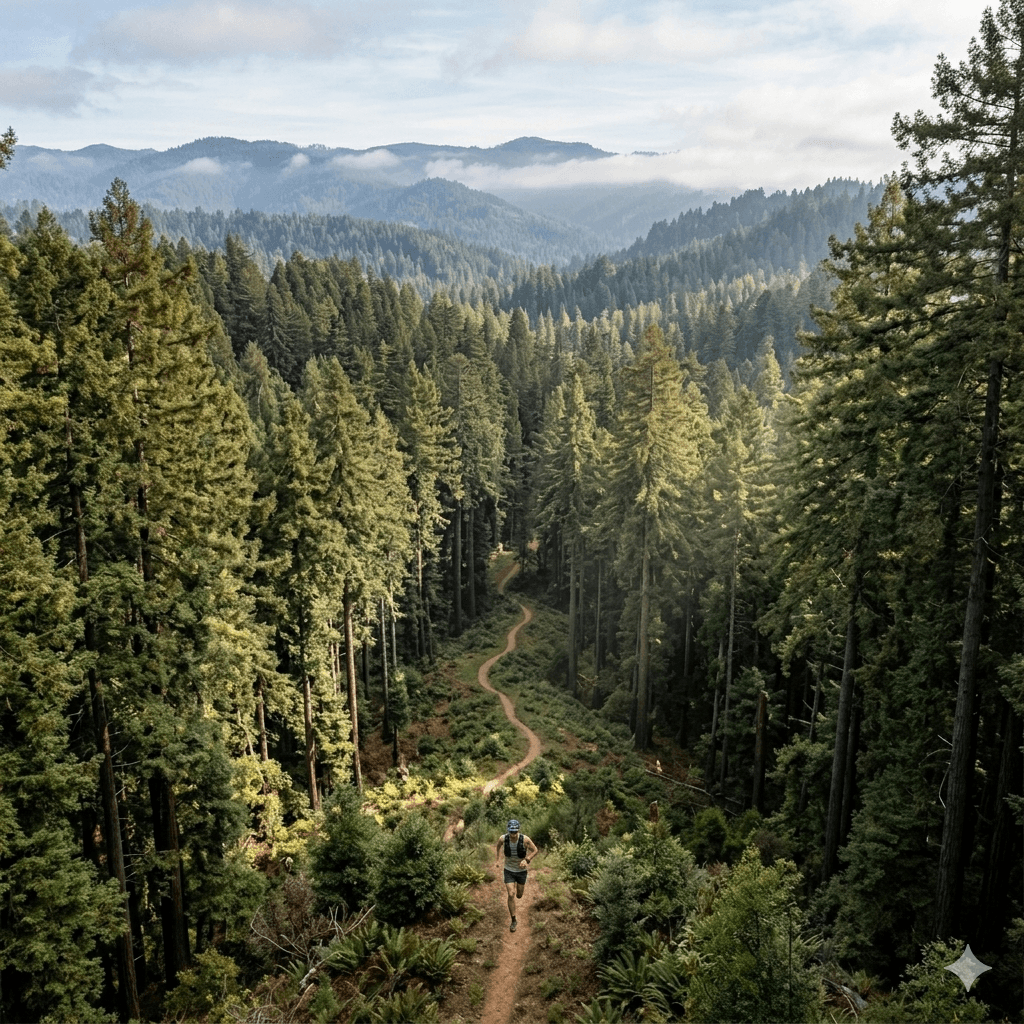 Runner on a winding trail through Northern California forest