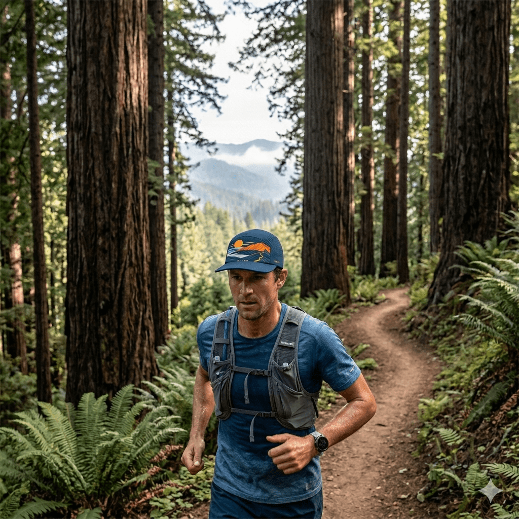 Trail runner in Northern California redwoods wearing a Caspones cap